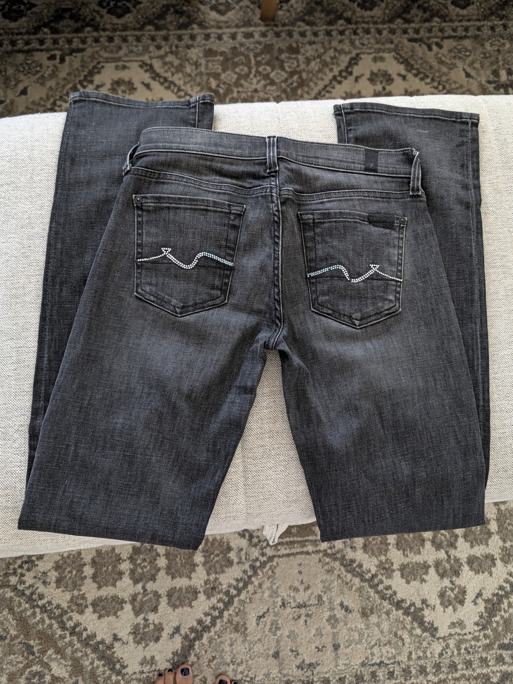 For All Mankind Black Washed Rhinestone Low Rise Straight Leg Jeans Size 24 - Picture 11 of 13